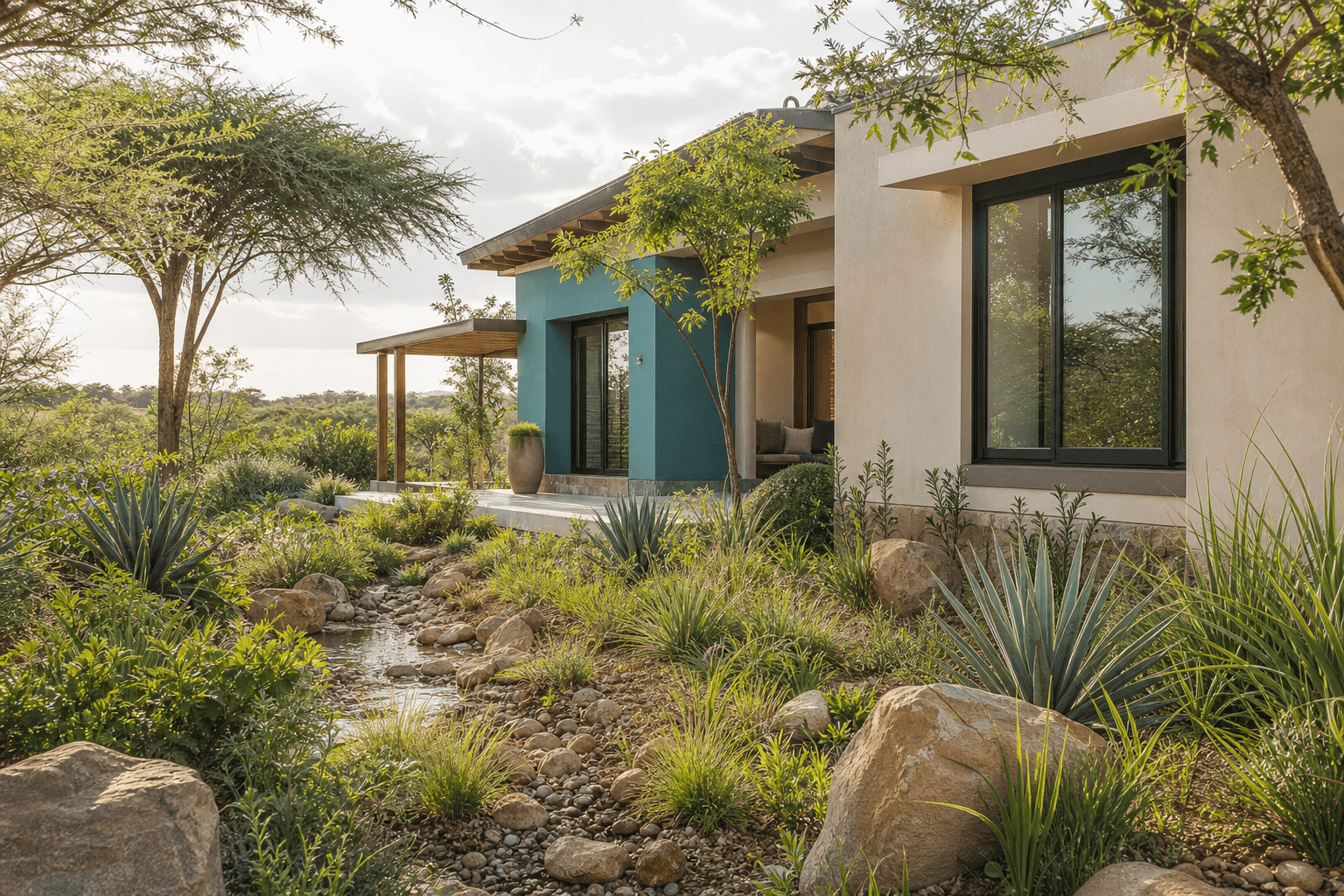 Environmental landscaping around a modern home